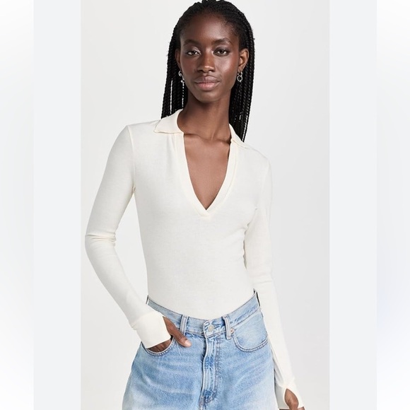 Free People Collared VNeck Bodysuit Wm Large NWT Ivory Preppy Office Career - Picture 1 of 13